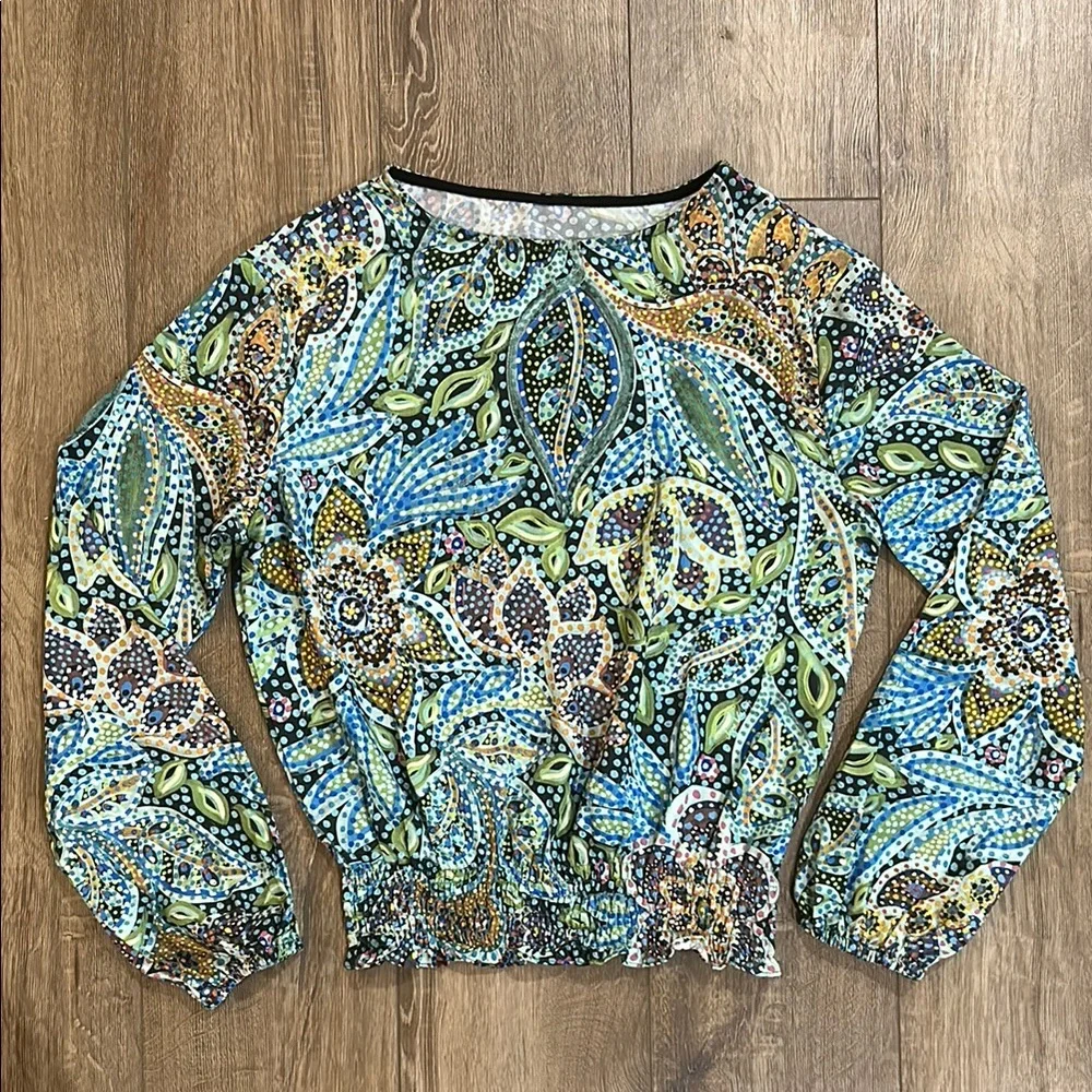 NWOT - ART MOSAIC FASHION by JANE VALLEJO Colorful Cinch Waist Women's Blouse - Picture 2 of 9